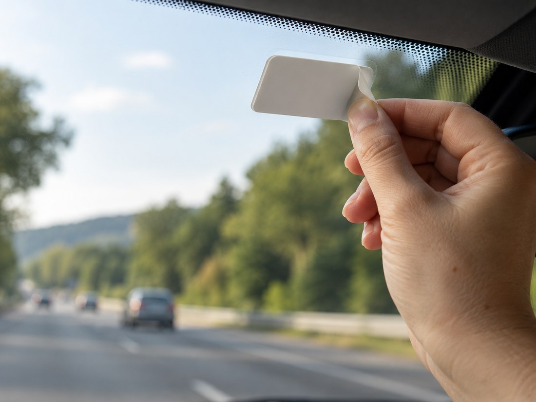 A hand removing a plain toll transponder from the inside of a windshield