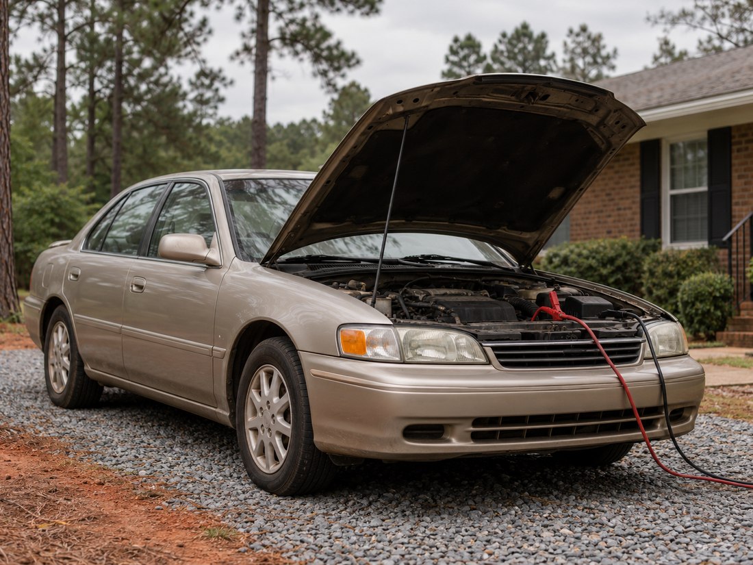 An older sedan with its hood open in a gravel driveway beside a brick ranch house