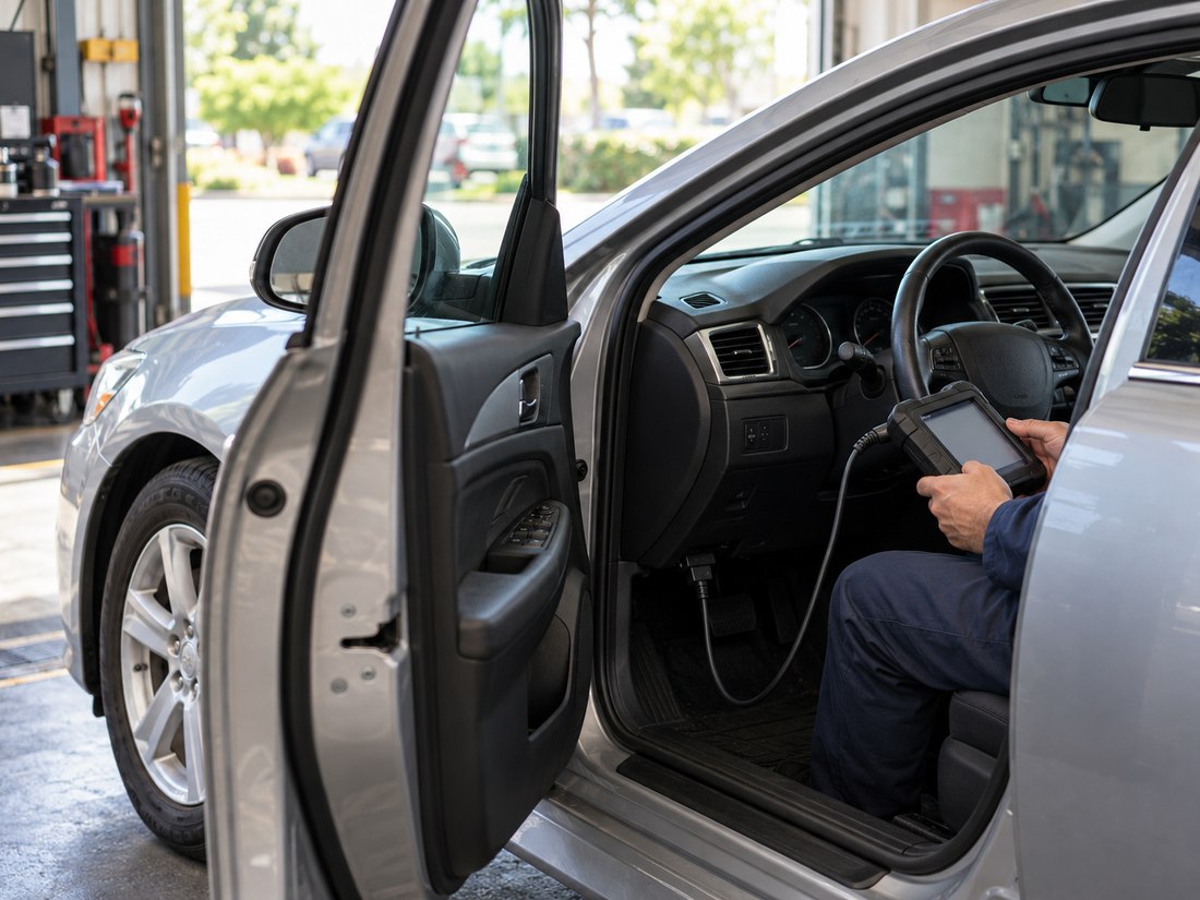 A sedan in a testing bay with a scanner cable plugged in under the dashboard