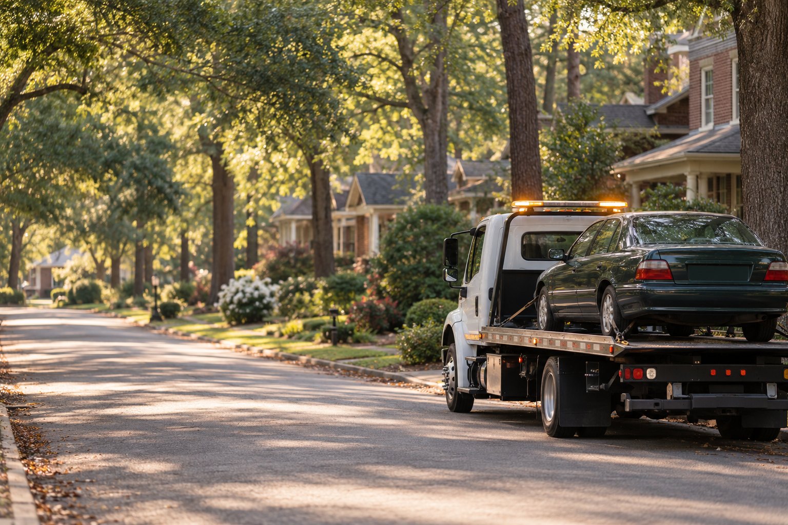 A flatbed tow truck at the curb of a leafy Atlanta street of brick bungalows, a green sedan on its bed