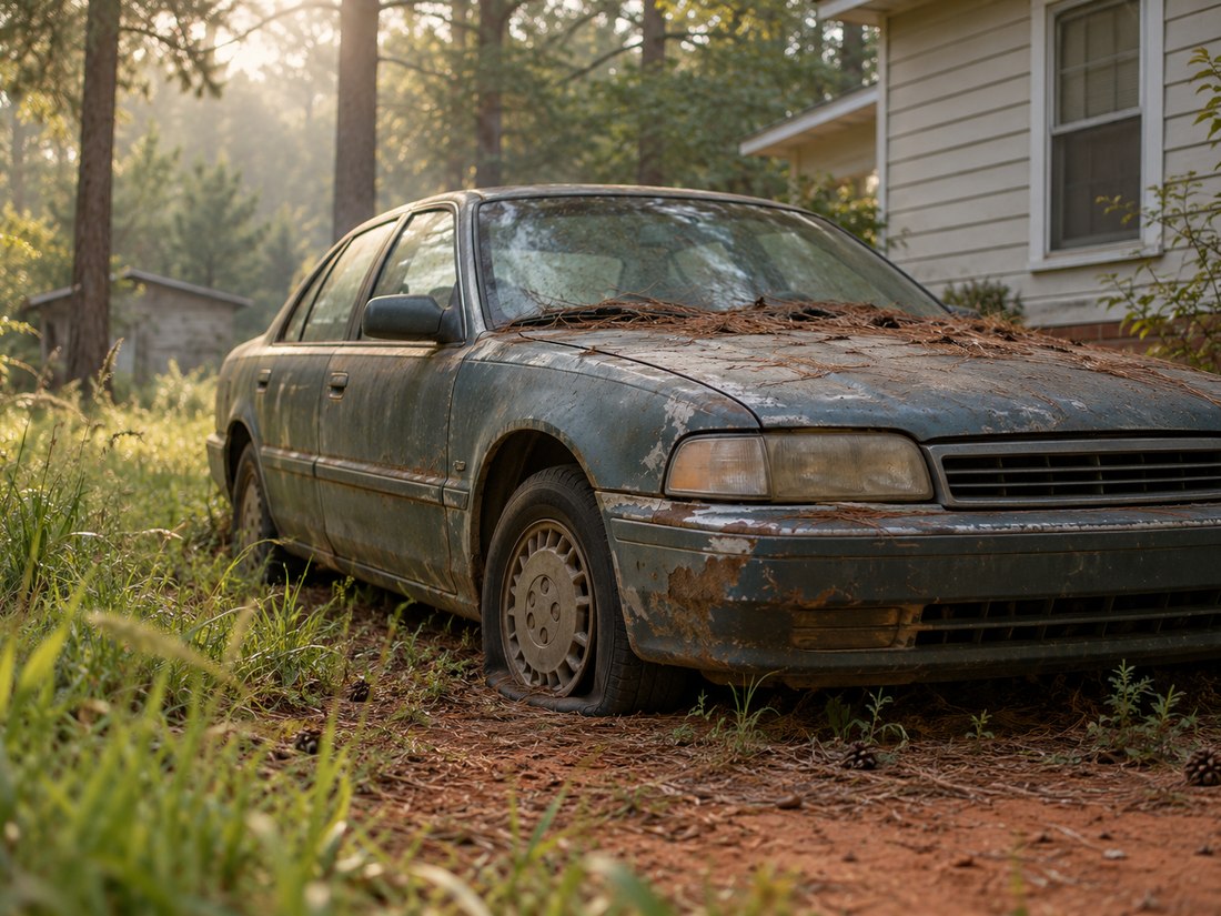 A weathered old sedan with a flat tire in the side yard of a modest Georgia house