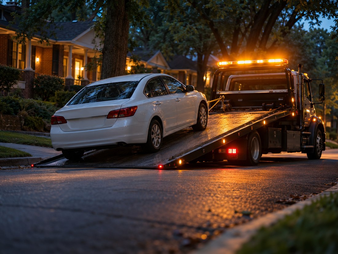 A flatbed tow truck at dusk under tall trees on an Atlanta street, winching a white sedan onto its bed