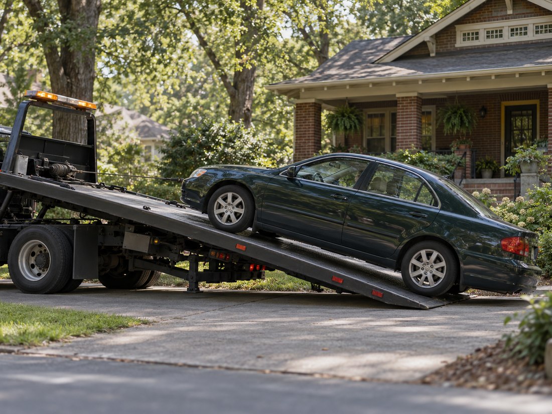 A sedan being winched onto a flatbed tow truck in front of an Atlanta bungalow
