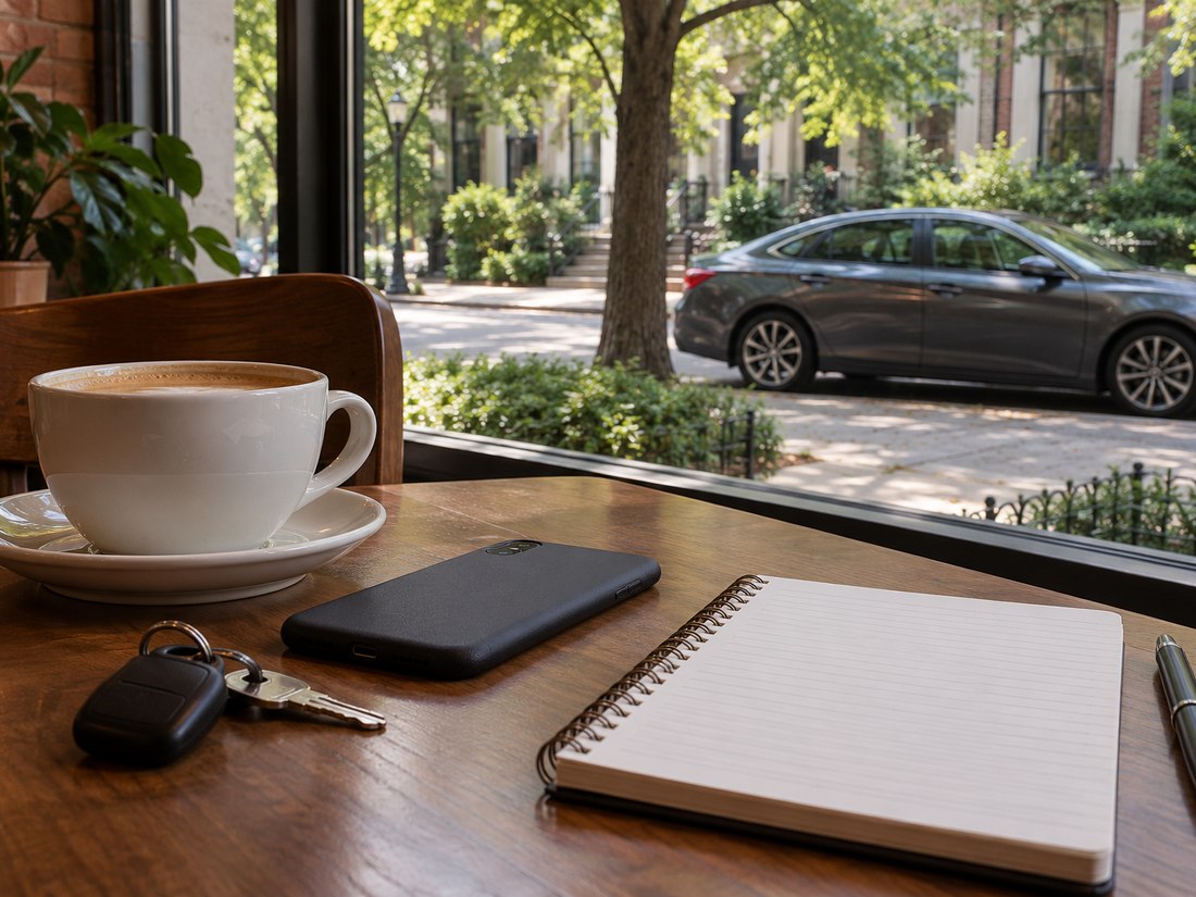 Car keys, a phone and a blank notepad on a café table, a parked sedan outside under the trees