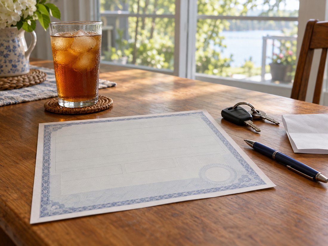 A blank title-style document, a pen, car keys and iced tea on a kitchen table by a porch window