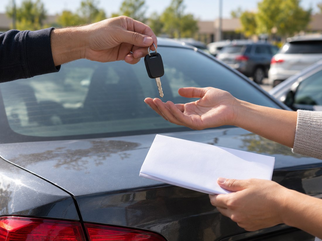 Car keys and a folded document changing hands over a car trunk in a parking lot