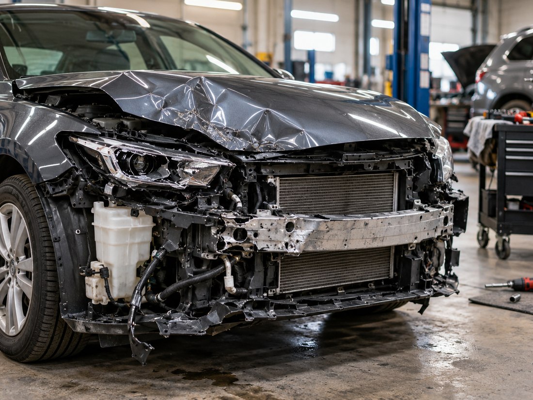 A car with front-end collision damage in a body shop bay