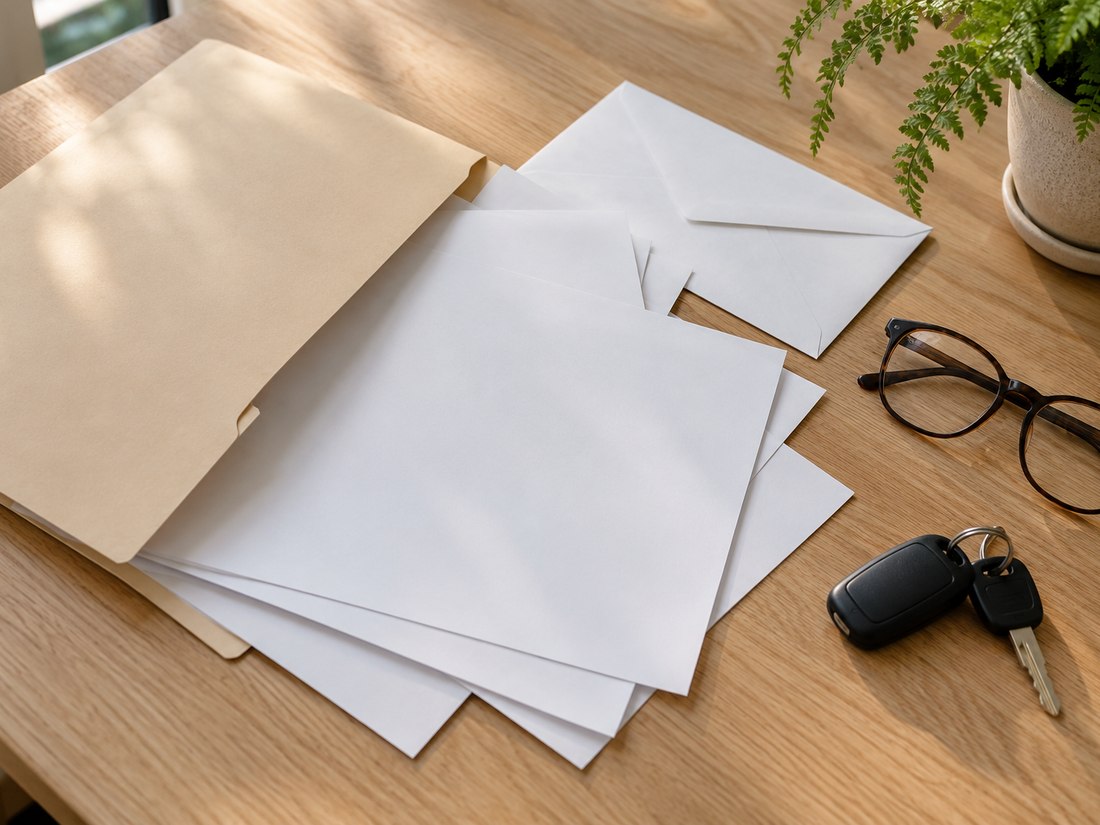 A folder of blank documents, an envelope, glasses and car keys on a desk