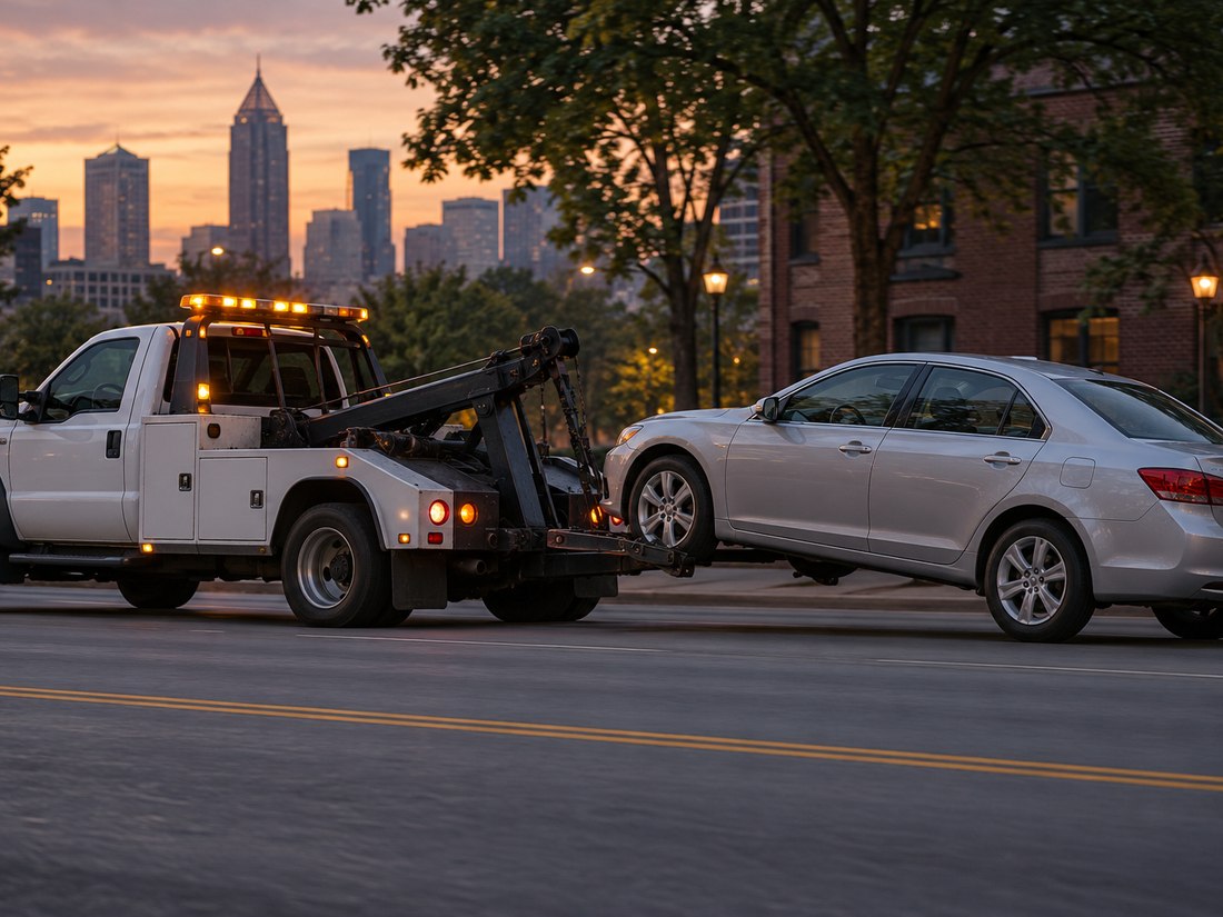 A wheel-lift tow truck towing a silver sedan along an Atlanta street at dusk